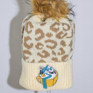 Leopard print stocking with "Mountain Teacup" patch and faux pom-pom